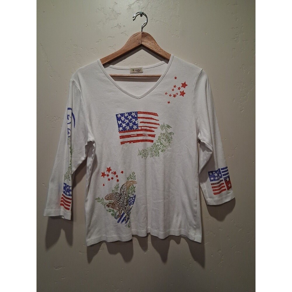 Vintage Cactus Women XL Shirt White America USA Flag Eagle Rhinestone Bling Y2K